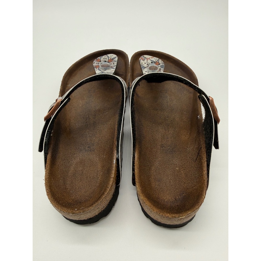 Birkenstock Brown Footbed Sandals with Cream, Black & Rust Patterned Straps - Picture 5 of 8
